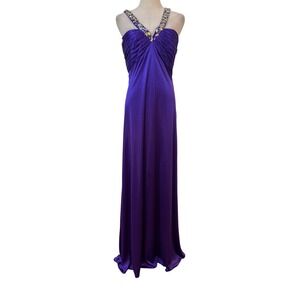 Y2K Satin Gown Women 6 Purple Crystal beaded Maxi Dress cut out back sweetheart